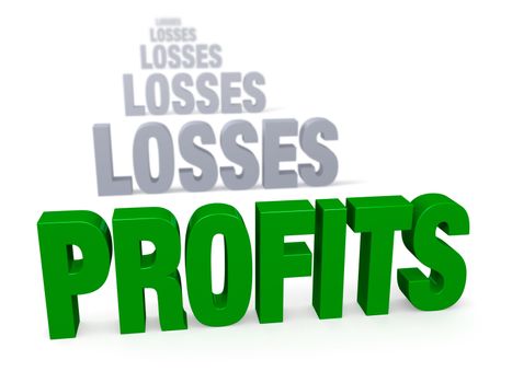 Sharp focus on triumphant, green "PROFITS" in front of a row of plain, gray "LOSSES"s blurring and receding into the distance.  Isolated on white.