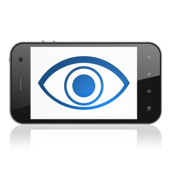 Safety concept: smartphone with Eye icon on display. Mobile smart phone on White background, cell phone 3d render