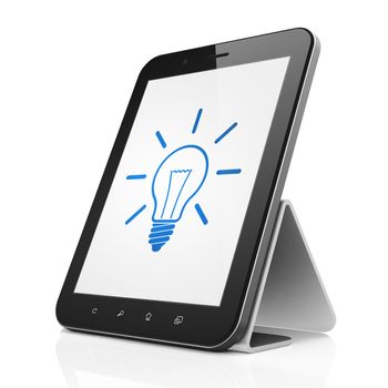 Finance concept: black tablet pc computer with Light Bulb icon on display. Modern portable touch pad on White background, 3d render