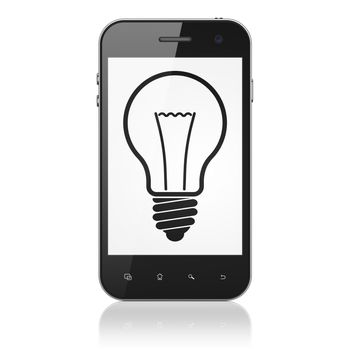 Business concept: smartphone with Light Bulb icon on display. Mobile smart phone on White background, cell phone 3d render