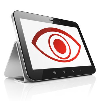 Security concept: black tablet pc computer with Eye icon on display. Modern portable touch pad on White background, 3d render