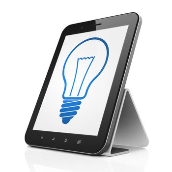 Finance concept: black tablet pc computer with Light Bulb icon on display. Modern portable touch pad on White background, 3d render