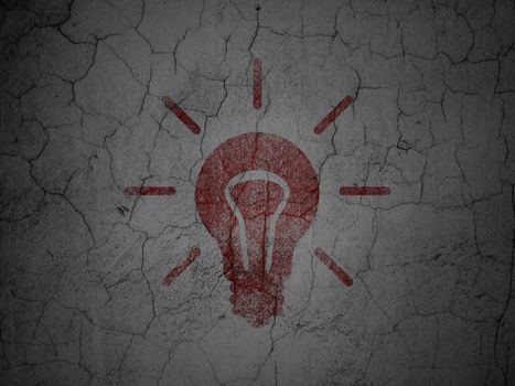 Finance concept: Red Light Bulb on grunge textured concrete wall background, 3d render