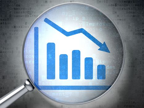 Business concept: magnifying optical glass with Decline Graph icon on digital background, 3d render