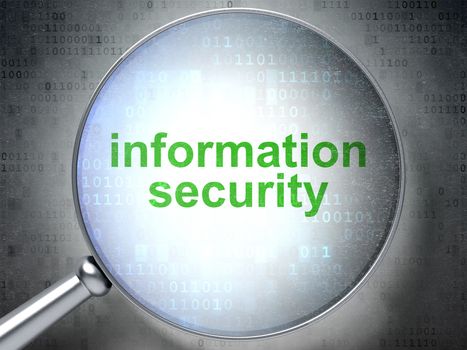 Security concept: magnifying optical glass with words Information Security on digital background, 3d render