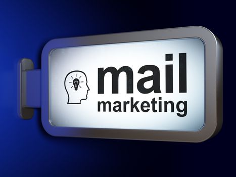 Advertising concept: Mail Marketing and Head With Lightbulb on advertising billboard background, 3d render