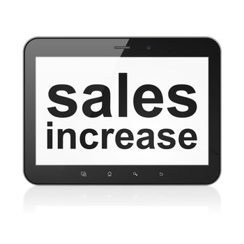 Marketing concept: black tablet pc computer with text Sales Increase on display. Modern portable touch pad on White background, 3d render