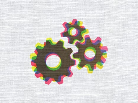 Information concept: CMYK Gears on linen fabric texture background, 3d render