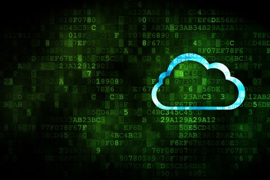 Cloud computing concept: pixelated Cloud icon on digital background, empty copyspace for card, text, advertising, 3d render