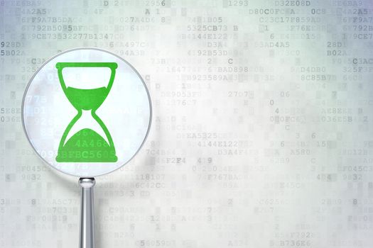 Timeline concept: magnifying optical glass with Hourglass icon on digital background, empty copyspace for card, text, advertising, 3d render
