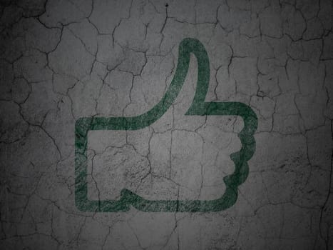 Social media concept: Green Like on grunge textured concrete wall background, 3d render