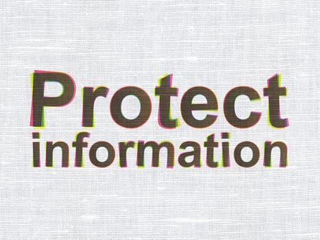 Protection concept: CMYK Protect Information on linen fabric texture background, 3d render