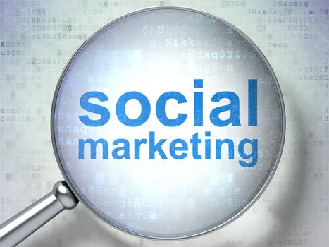 Marketing concept: magnifying optical glass with words Social Marketing on digital background, 3d render