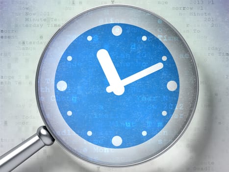 Time concept: magnifying optical glass with Clock icon on digital background, 3d render