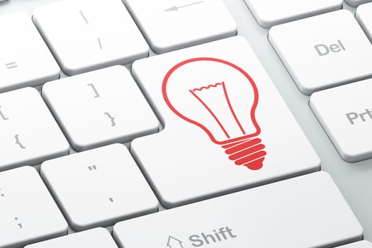 Business concept: Enter button with Light Bulb on computer keyboard background, 3d render