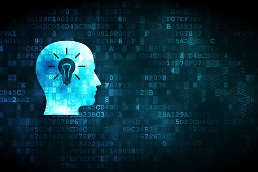 Marketing concept: pixelated Head With Light Bulb icon on digital background, empty copyspace for card, text, advertising, 3d render