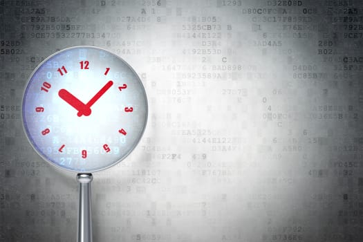Time concept: magnifying optical glass with Clock icon on digital background, empty copyspace for card, text, advertising, 3d render