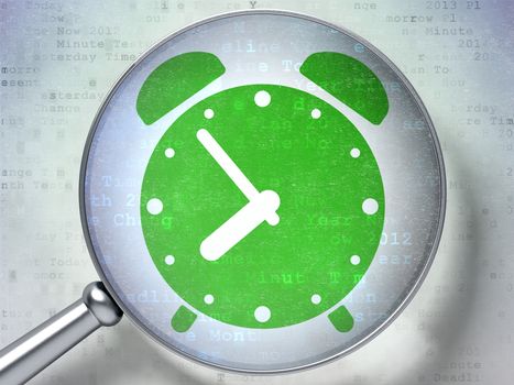Timeline concept: magnifying optical glass with Alarm Clock icon on digital background, 3d render