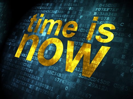 Timeline concept: pixelated words Time is Now on digital background, 3d render