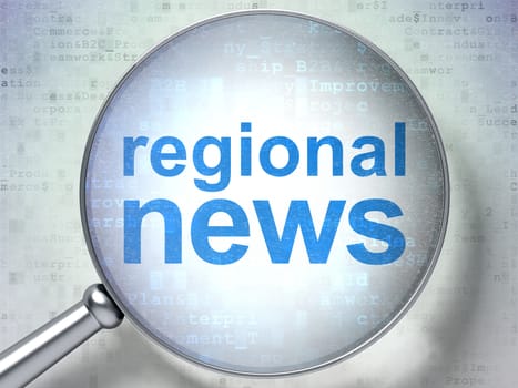 News concept: magnifying optical glass with words Regional News on digital background, 3d render