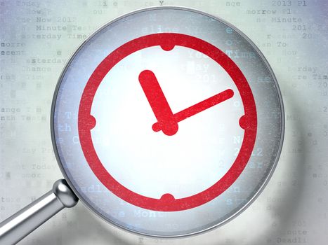 Timeline concept: magnifying optical glass with Clock icon on digital background, 3d render