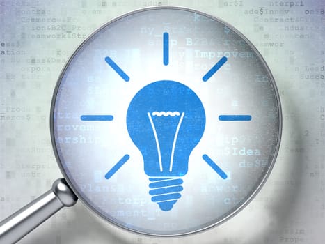 Business concept: magnifying optical glass with Light Bulb icon on digital background, 3d render