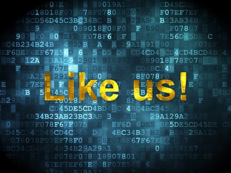 Social network concept: pixelated words Like us! on digital background, 3d render