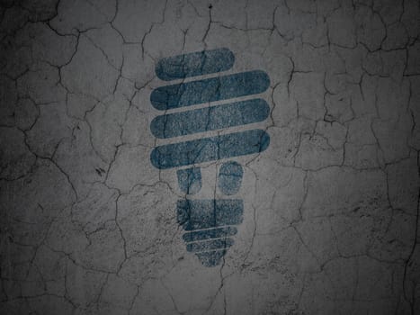 Finance concept: Blue Energy Saving Lamp on grunge textured concrete wall background, 3d render