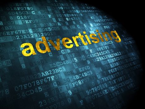 Advertising concept: pixelated words Advertising on digital background, 3d render