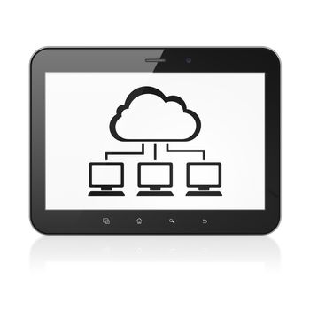 Cloud computing concept: black tablet pc computer with Cloud Network icon on display. Modern portable touch pad on White background, 3d render