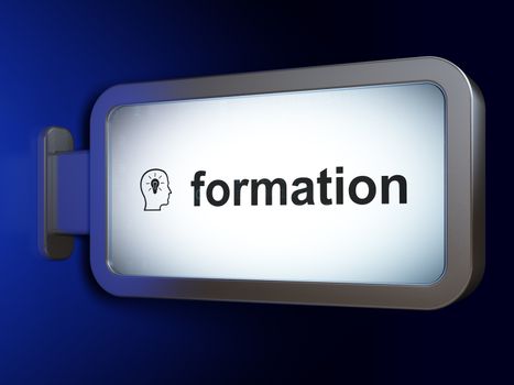Education concept: Formation and Head With Lightbulb on advertising billboard background, 3d render