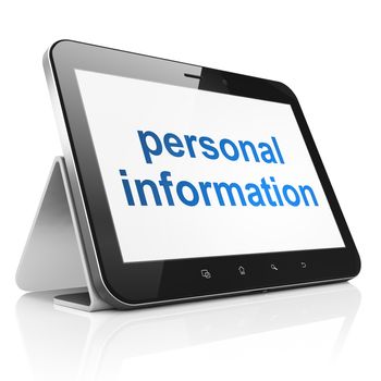 Protection concept: black tablet pc computer with text Personal Information on display. Modern portable touch pad on White background, 3d render