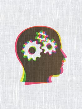 Information concept: CMYK Head With Gears on linen fabric texture background, 3d render