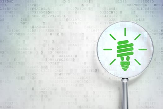 Finance concept: magnifying optical glass with Energy Saving Lamp icon on digital background, empty copyspace for card, text, advertising, 3d render