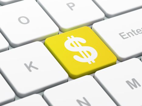 Currency concept: computer keyboard with Dollar icon on enter button background, selected focus, 3d render