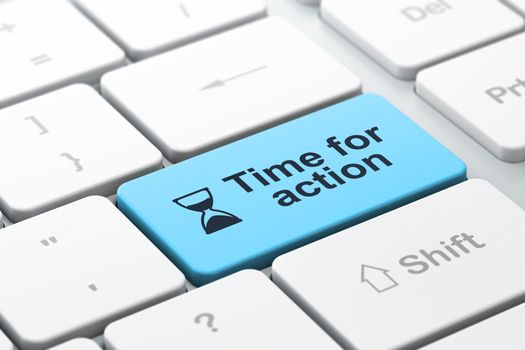 Time concept: computer keyboard with Hourglass icon and word Time for Action, selected focus on enter button, 3d render