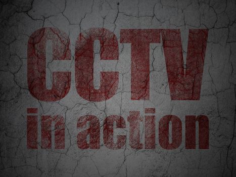 Protection concept: Red CCTV In action on grunge textured concrete wall background, 3d render