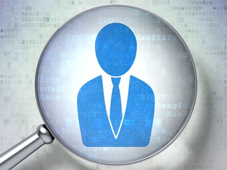 Finance concept: magnifying optical glass with Business Man icon on digital background, 3d render