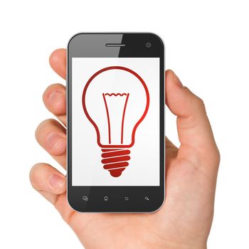 Finance concept: hand holding smartphone with Light Bulb on display. Mobile smart phone in hand on White background, 3d render