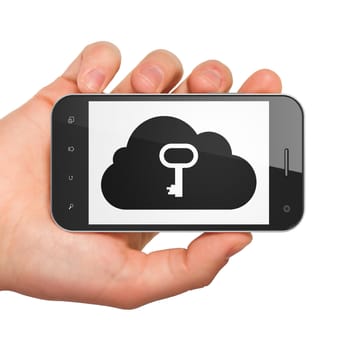 Cloud computing concept: hand holding smartphone with Cloud With Key on display. Mobile smart phone in hand on White background, 3d render