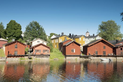 The view of old wooden houses in the city Porvoo in Finland