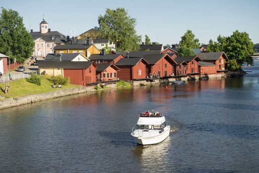 The view of old wooden houses in the city Porvoo in Finland