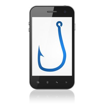 Protection concept: smartphone with Fishing Hook icon on display. Mobile smart phone on White background, cell phone 3d render