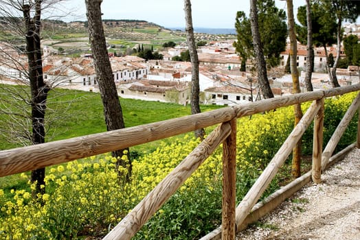 Wooden fence above small town Chinchon, Spain