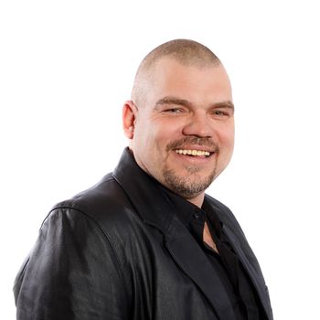 hairless smiling man in black leather jacket on a white background