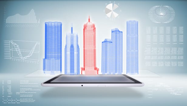 Architecture in the Tablet PC. Skyscrapers and graphics. 3d rendering