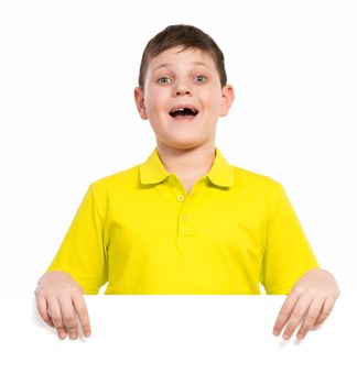 boy holding a white placard, place for text