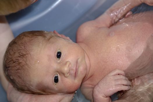 Cute newborn baby boy enjoying bath in the hands of his mother