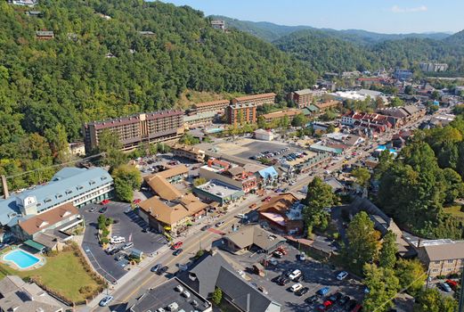 GATLINBURG, TENNESSEE - OCTOBER 6: Aerial wide-angle view of Gatlinburg, Tennessee on October 6, 2013. Gatlinburg is a major tourist destination and gateway to the Great Smoky Mountains National Park.