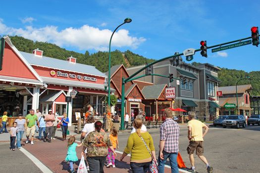 GATLINBURG, TENNESSEE - OCTOBER 6: Tourists and traffic in Gatlinburg, Tennessee on October 6, 2013. Gatlinburg is a major tourist destination and gateway to the Great Smoky Mountains National Park.